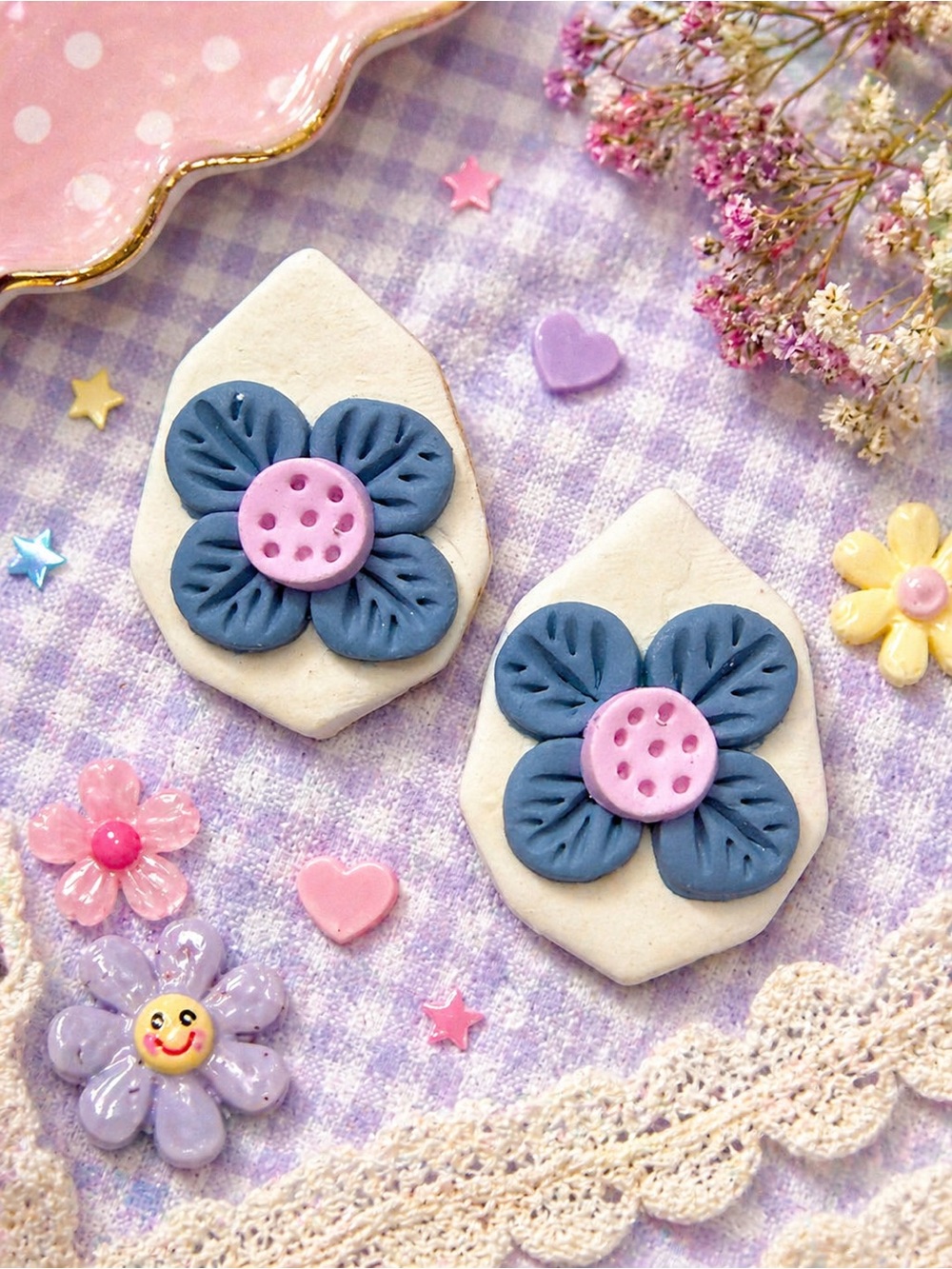 Handmade Kids Floral Handmade Polymer Clay Earrings - Blue & Pink